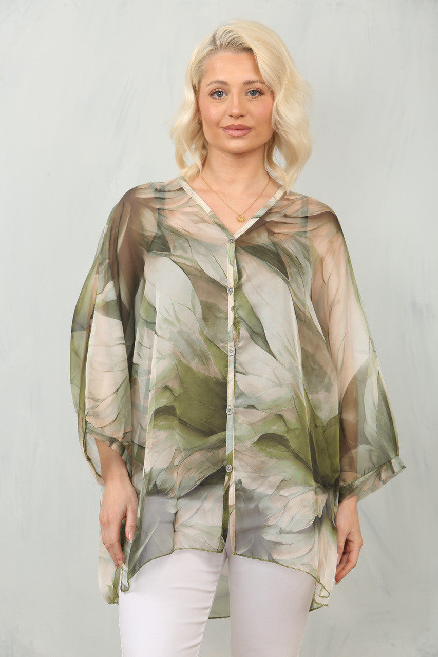 ABSTRACT LEAF PRINT FLOATY CHIFFON BLOUSE WITH VEST - KHAKI
