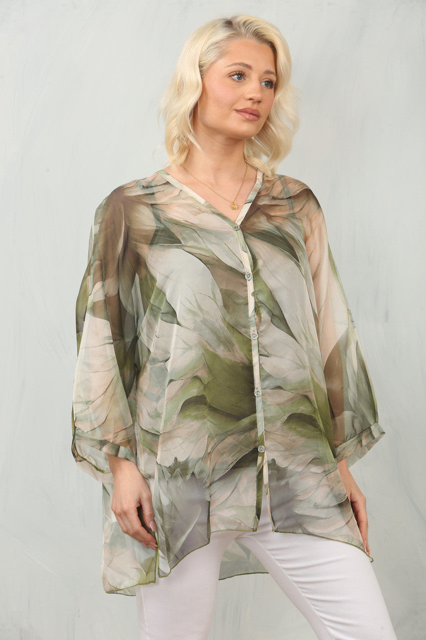 ABSTRACT LEAF PRINT FLOATY CHIFFON BLOUSE WITH VEST - KHAKI