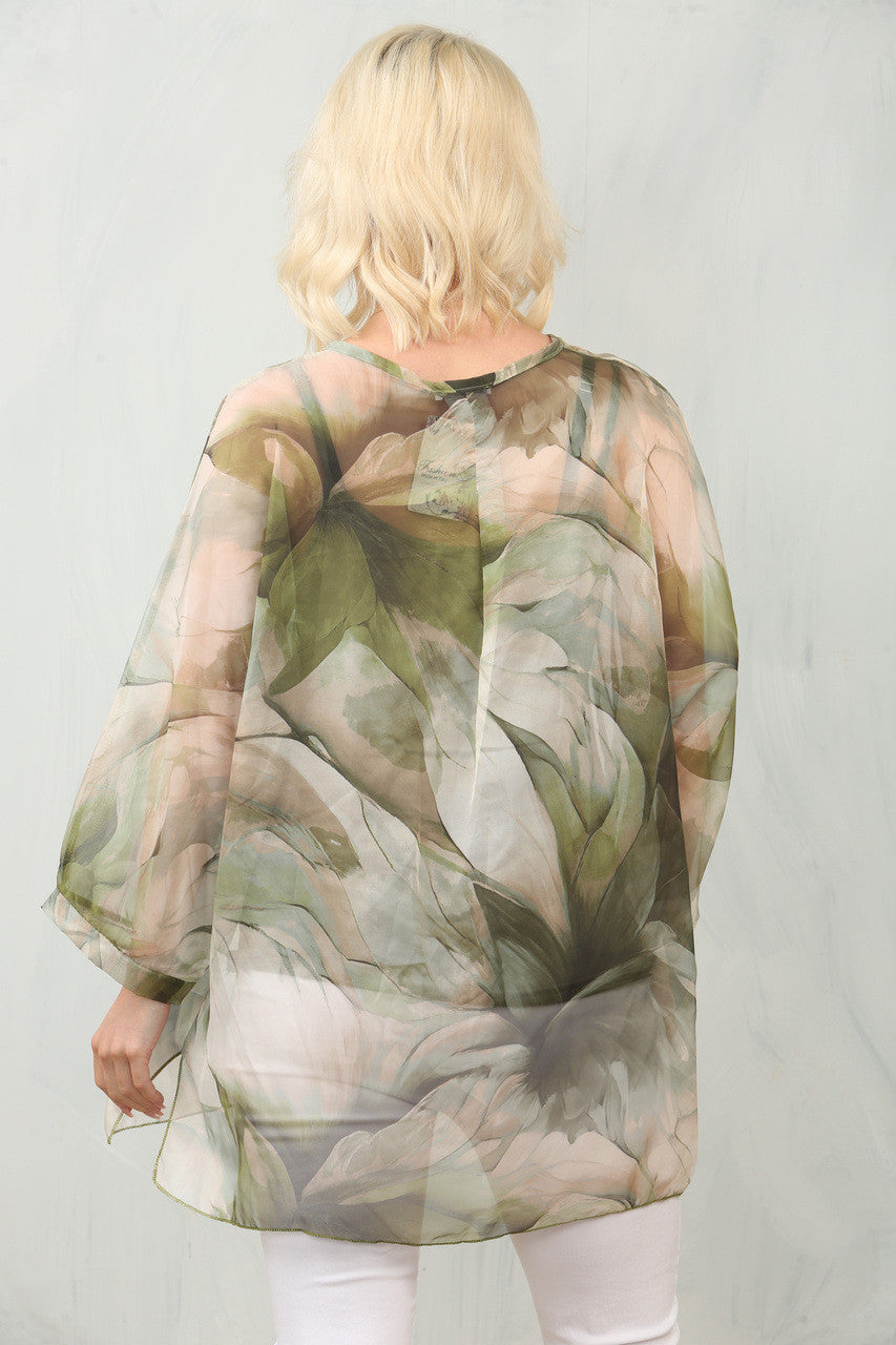 ABSTRACT LEAF PRINT FLOATY CHIFFON BLOUSE WITH VEST - KHAKI