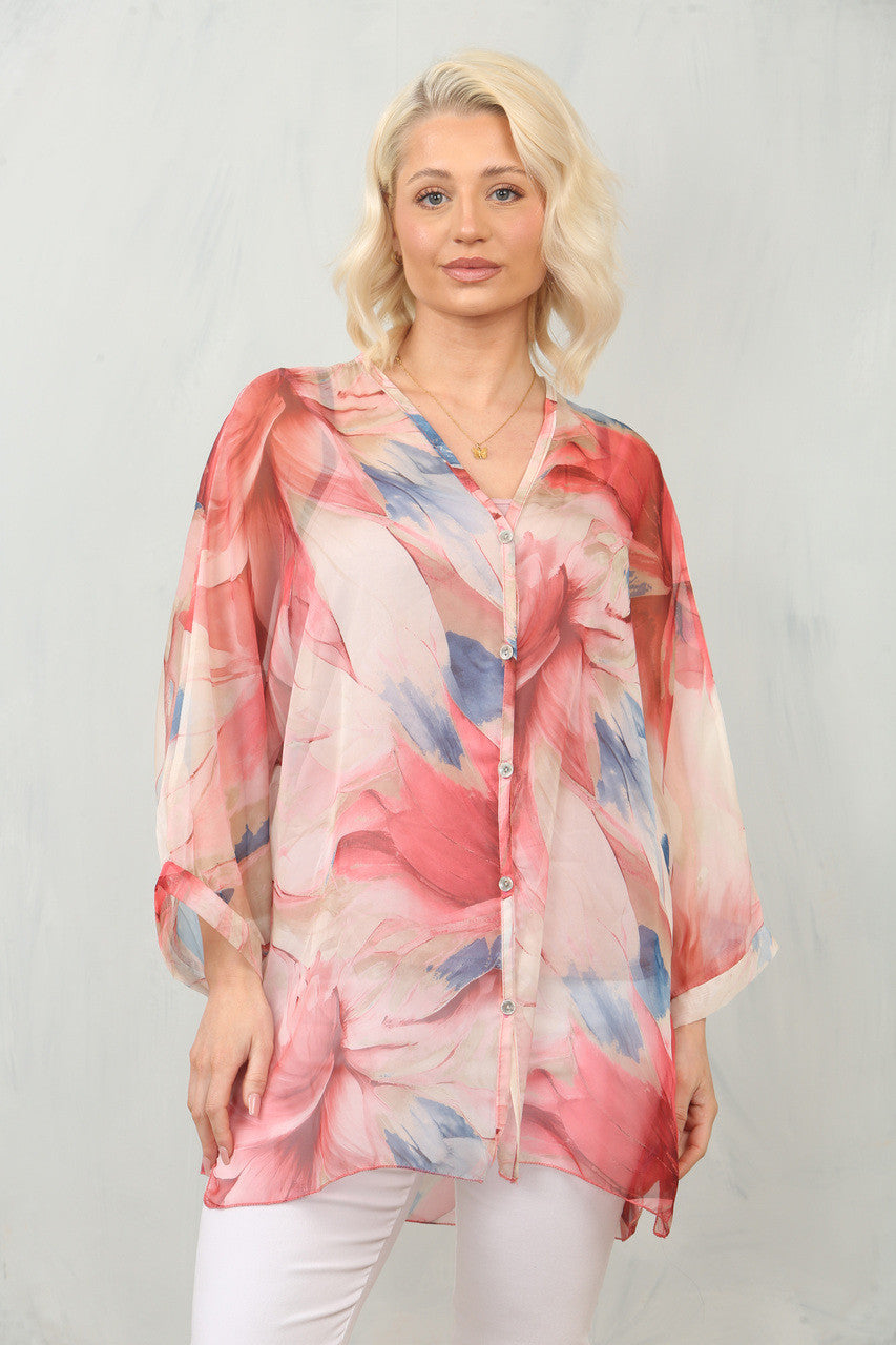 ABSTRACT LEAF PRINT FLOATY CHIFFON BLOUSE WITH VEST - PINK