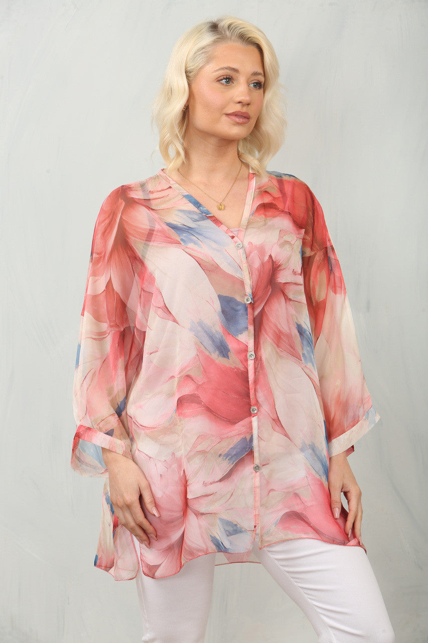 ABSTRACT LEAF PRINT FLOATY CHIFFON BLOUSE WITH VEST - PINK