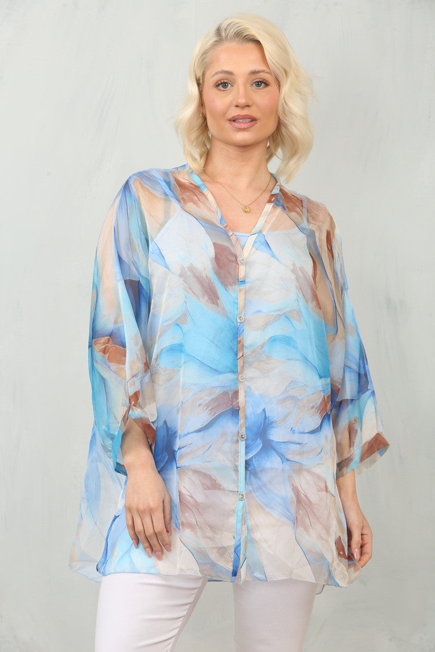 ABSTRACT LEAF PRINT FLOATY CHIFFON BLOUSE WITH VEST - BLUE