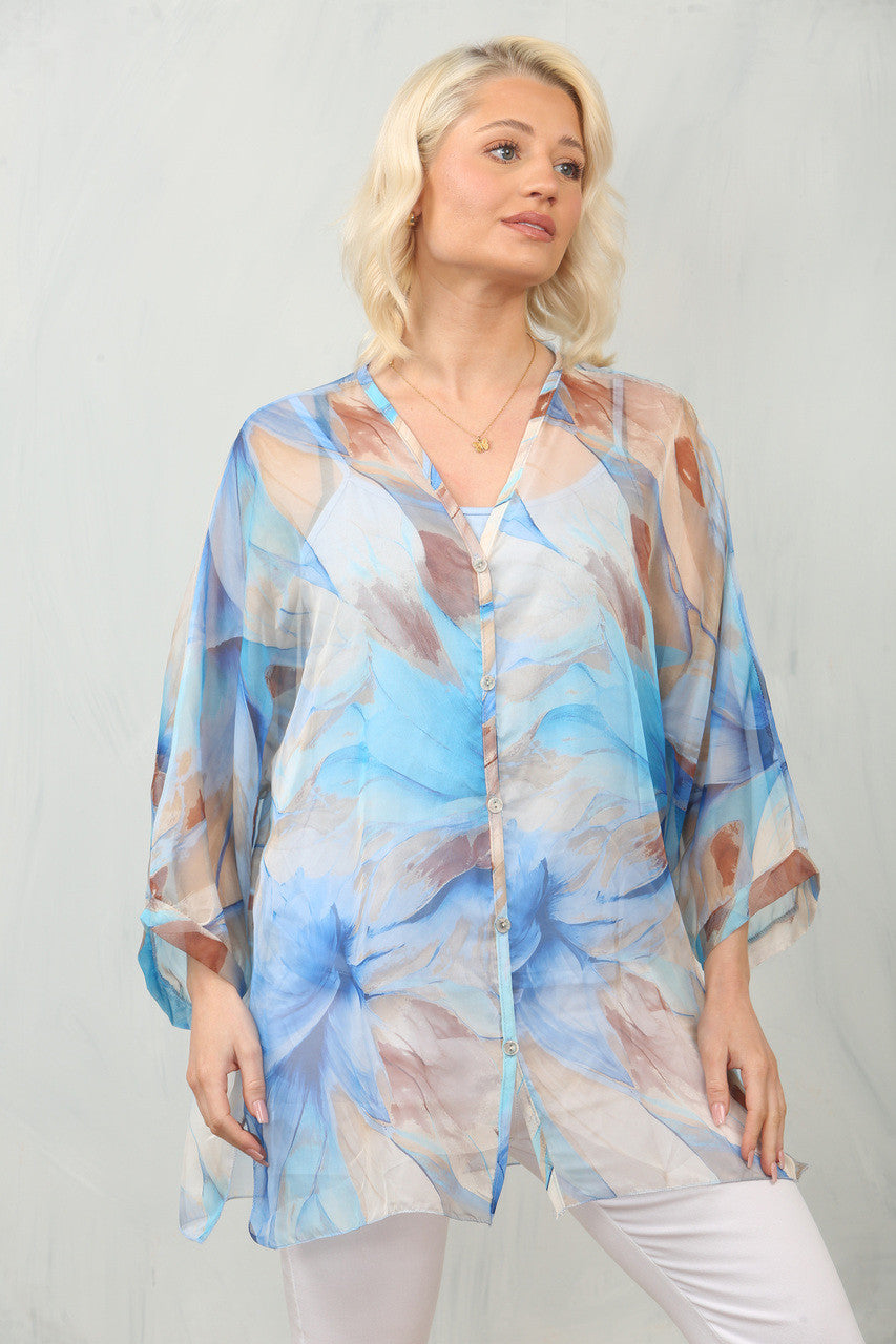 ABSTRACT LEAF PRINT FLOATY CHIFFON BLOUSE WITH VEST - BLUE