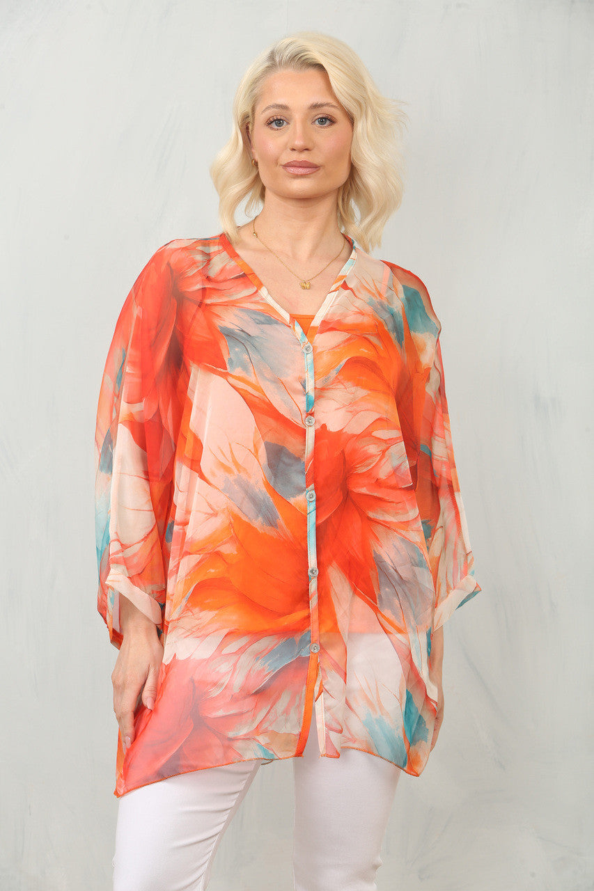 ABSTRACTE BLADPRINT LUCHTIGE CHIFFON BLOUSE MET TOP - ORANJE