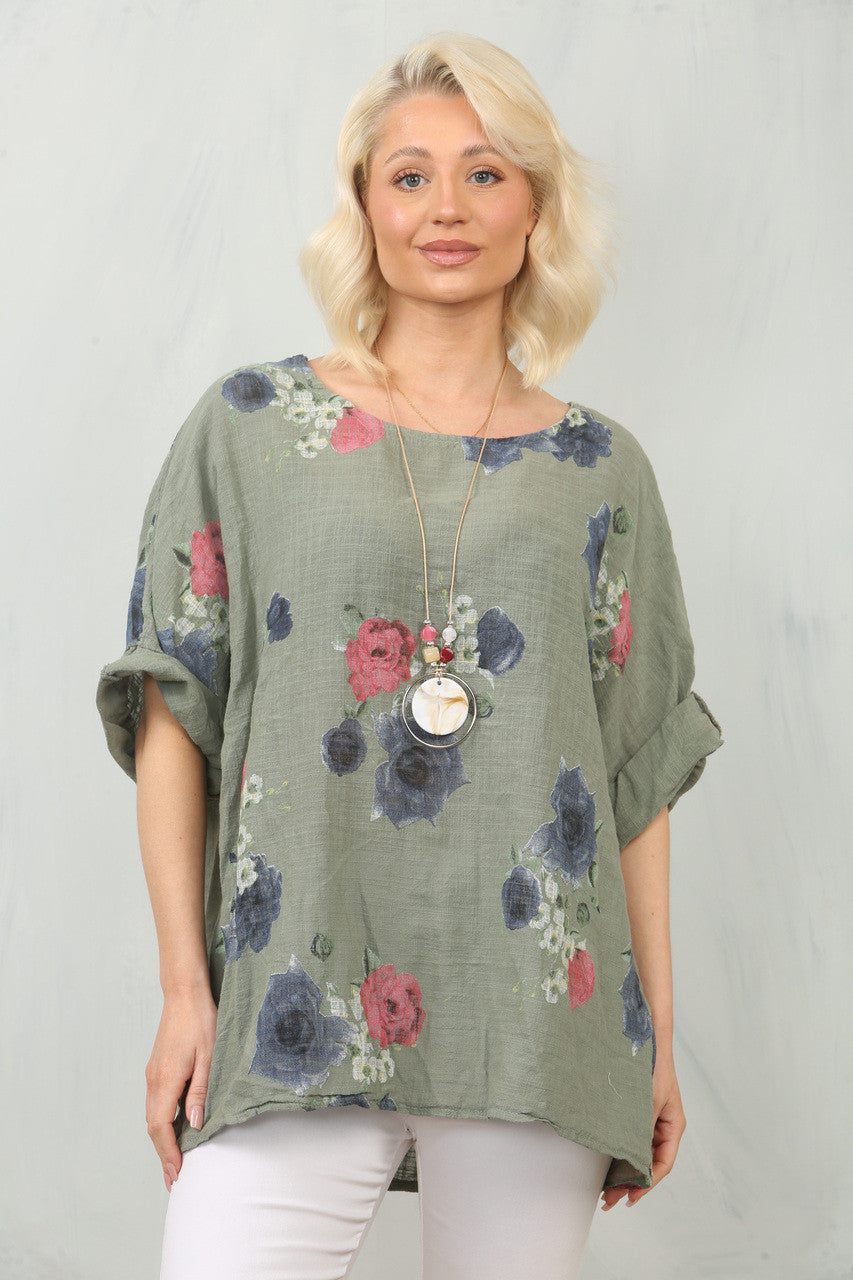 TOP MET ROZENPRINT - KAKI