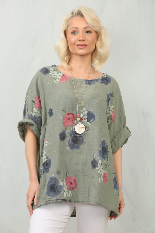 ROSES PRINT TOP - KHAKI