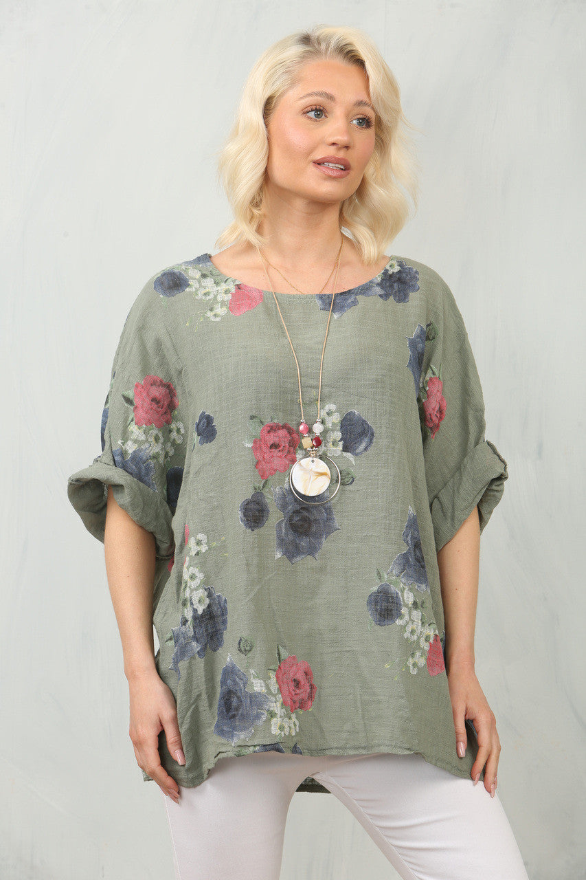 TOP MET ROZENPRINT - KAKI