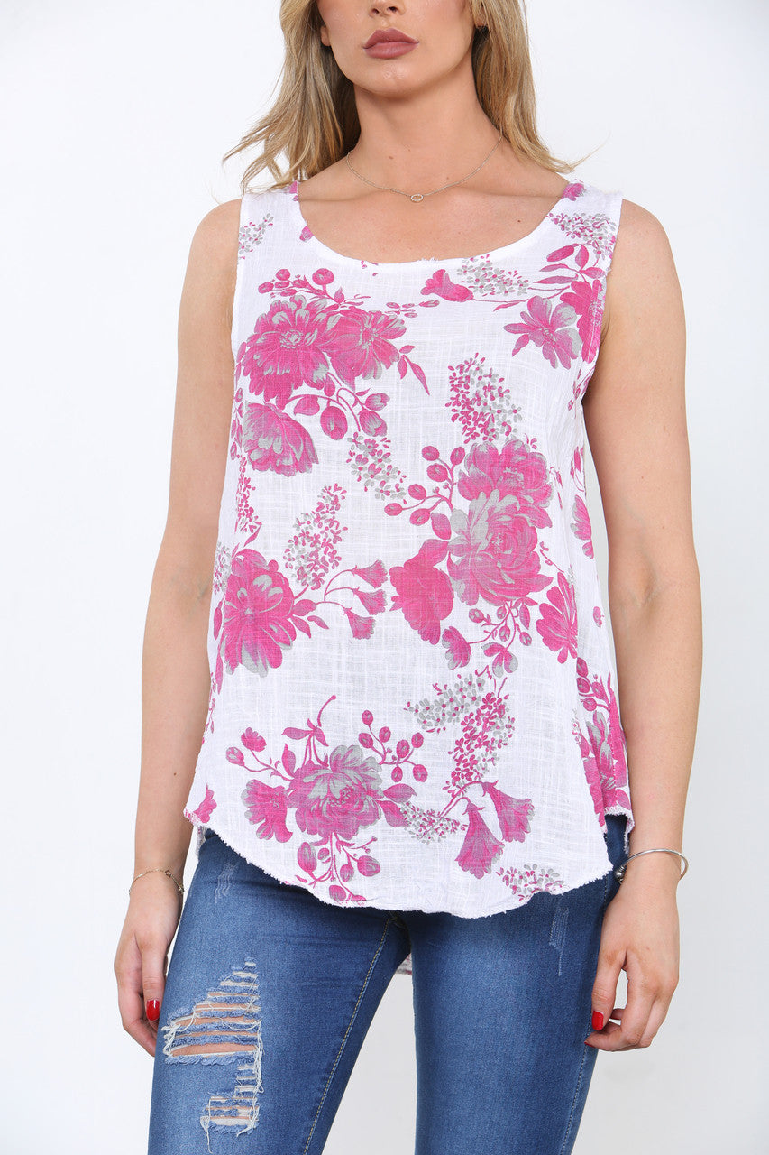 Ladies Rose Floral Print Sleeveless Top Cerise