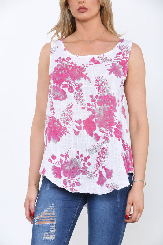 Ladies Rose Floral Print Sleeveless Top Cerise