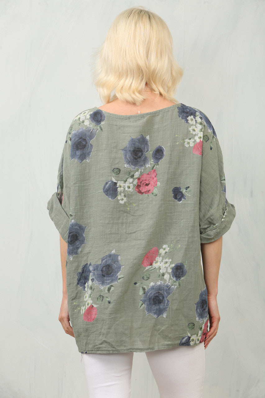 TOP MET ROZENPRINT - KAKI