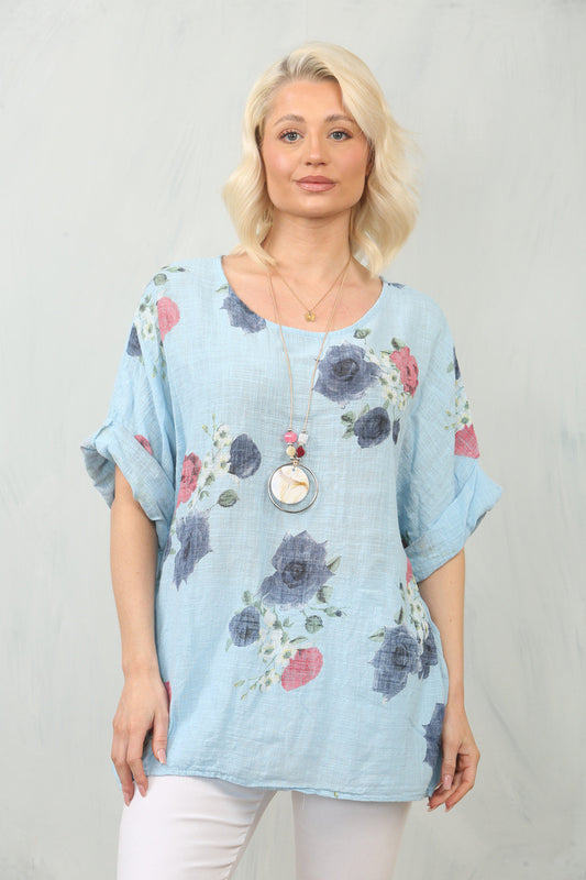 ROSES PRINT TOP - LIGHT BLUE