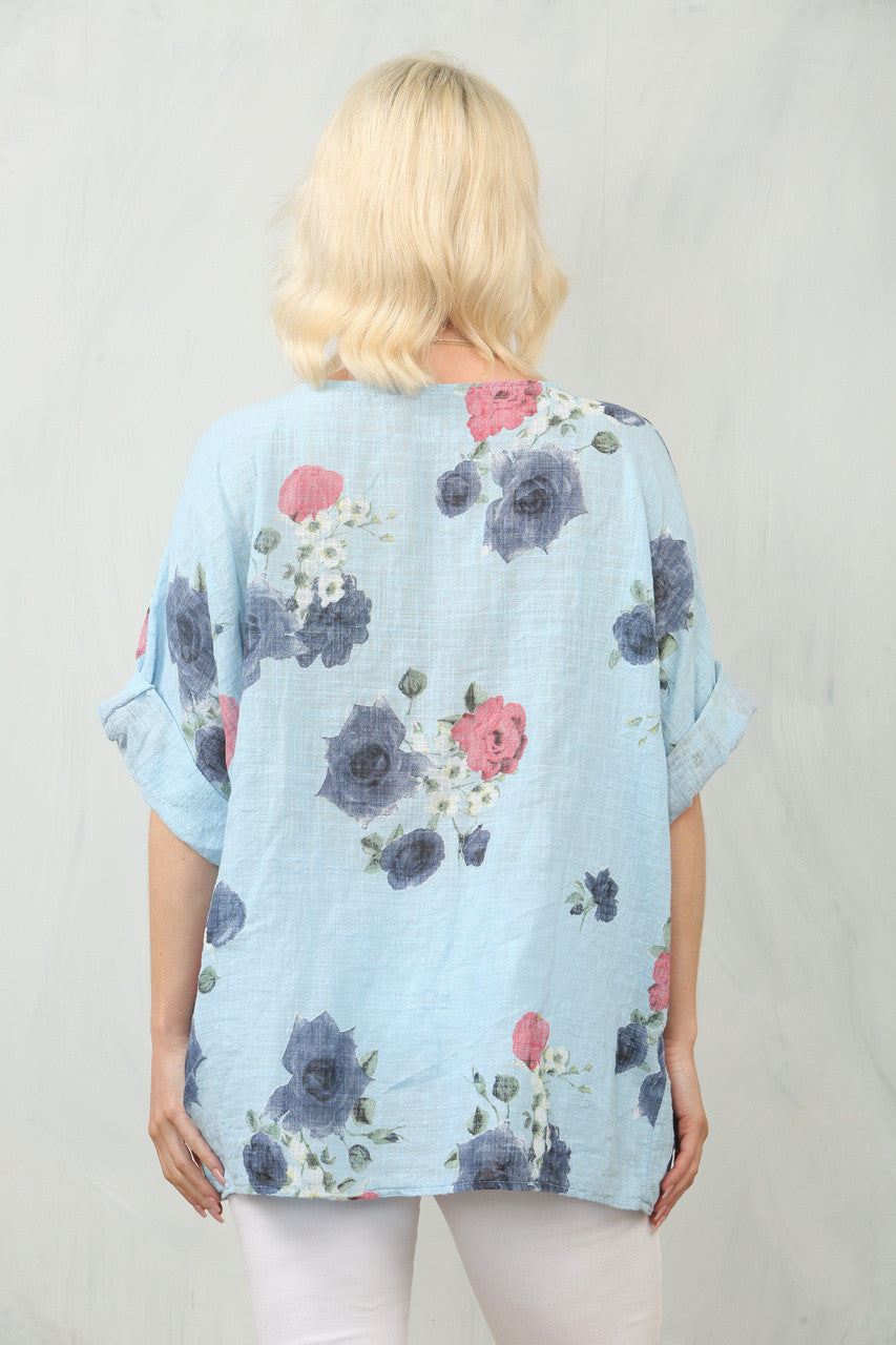 ROZENPRINT TOP - LICHTBLAUW
