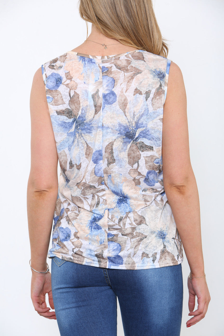 Ladies Floral Mix Print Burnout Sleeveless Top Blue
