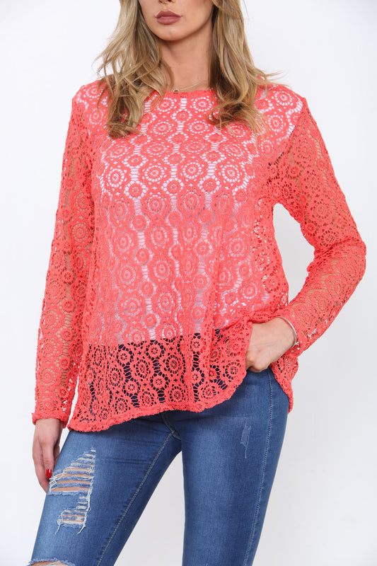 Ladies Lace Detail Long Sleeve Top Coral