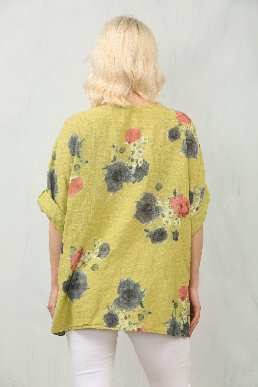 TOP MET ROZENPRINT - MOSTERDKLEURIG