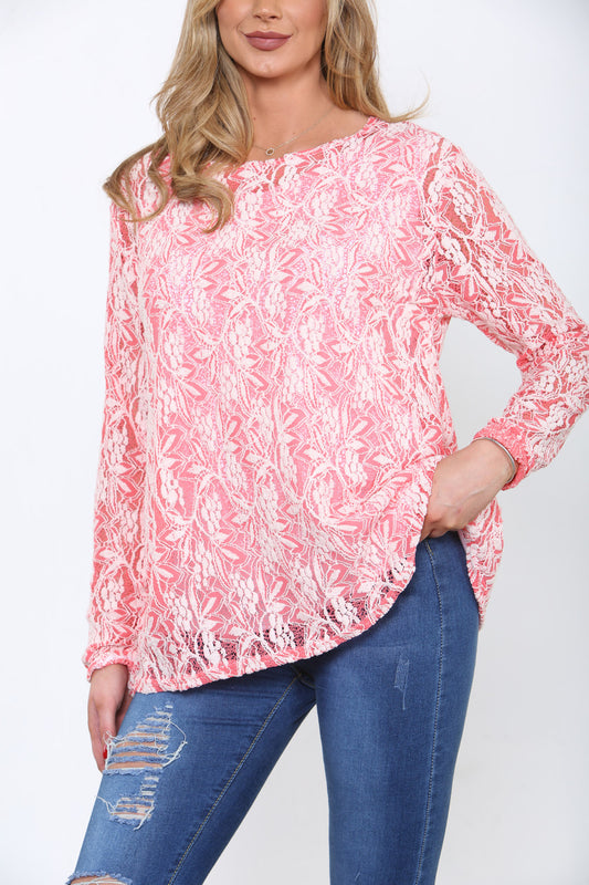 Ladies Lace Detail Long Sleeve Top Coral/White