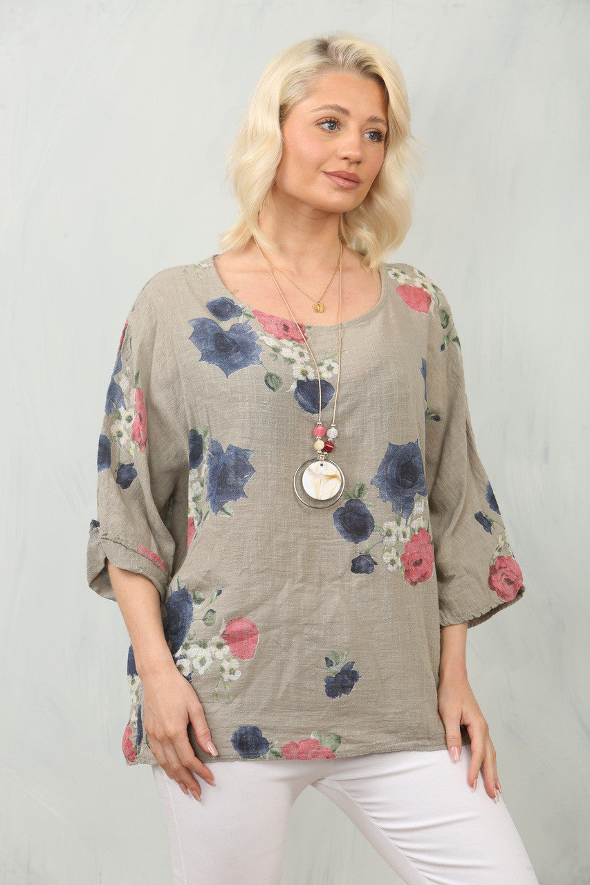 TOP MET ROZENPRINT - TAUPE