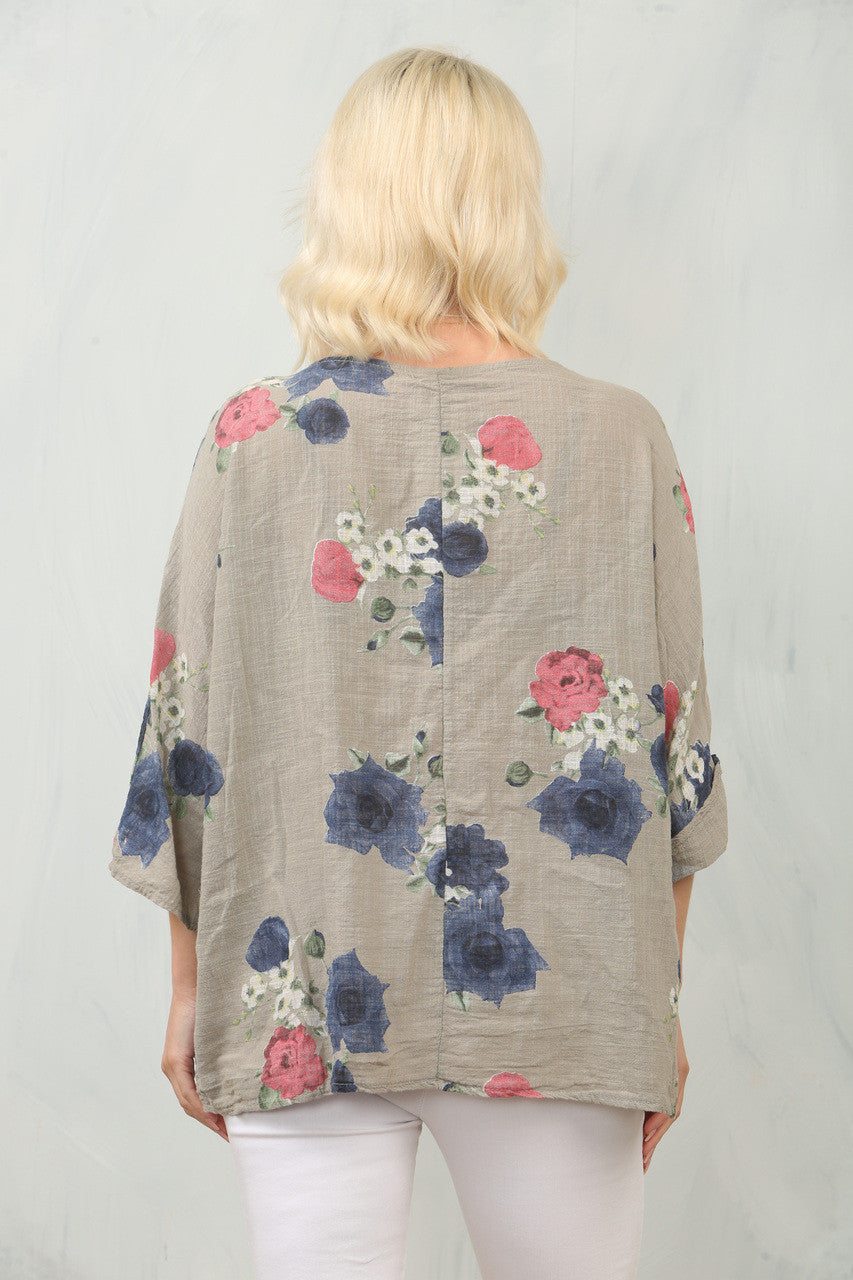 TOP MET ROZENPRINT - TAUPE