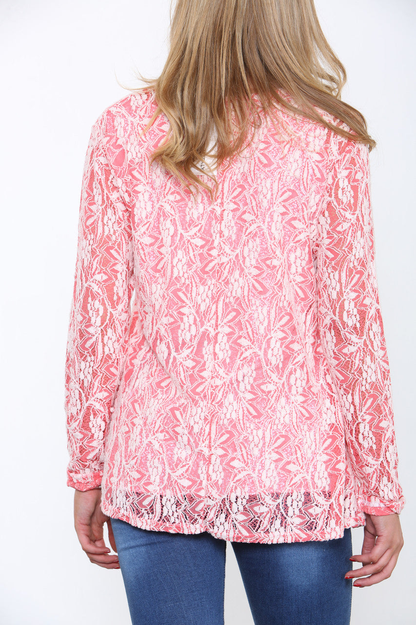 Dames Top Lange Mouw Kant Detail Koraal/Wit