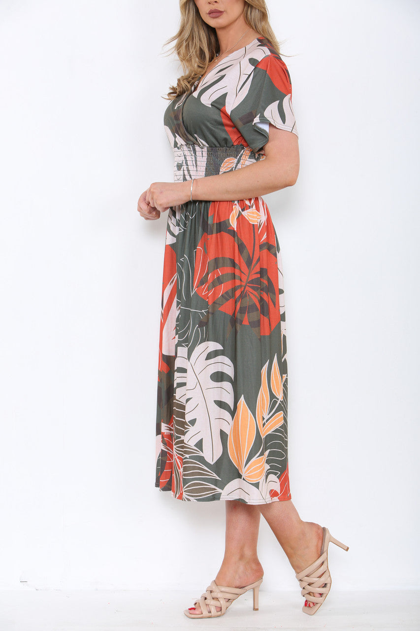 Ladies Floral Tropical Print Midi Dress Khaki