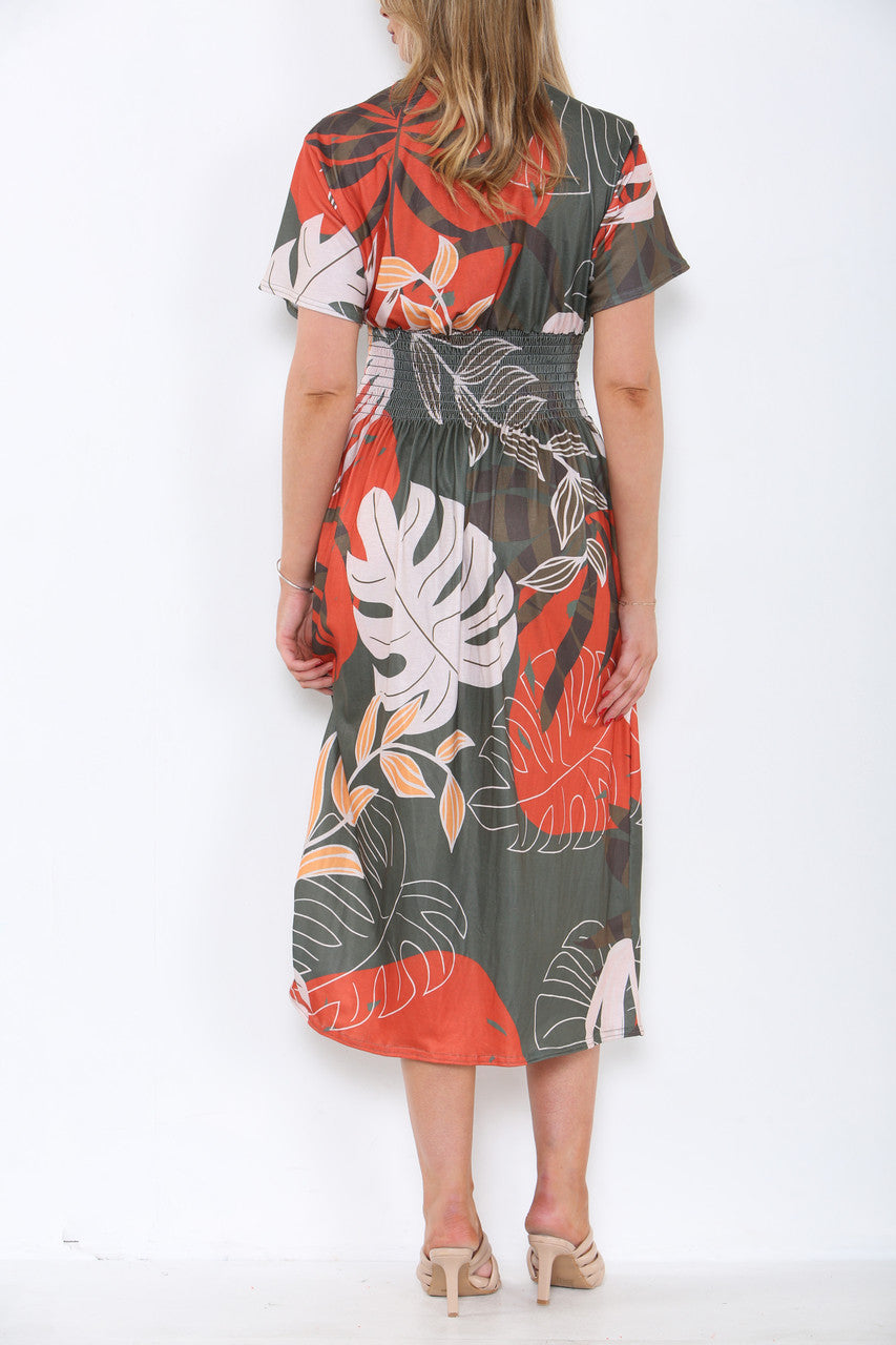 Ladies Floral Tropical Print Midi Dress Khaki