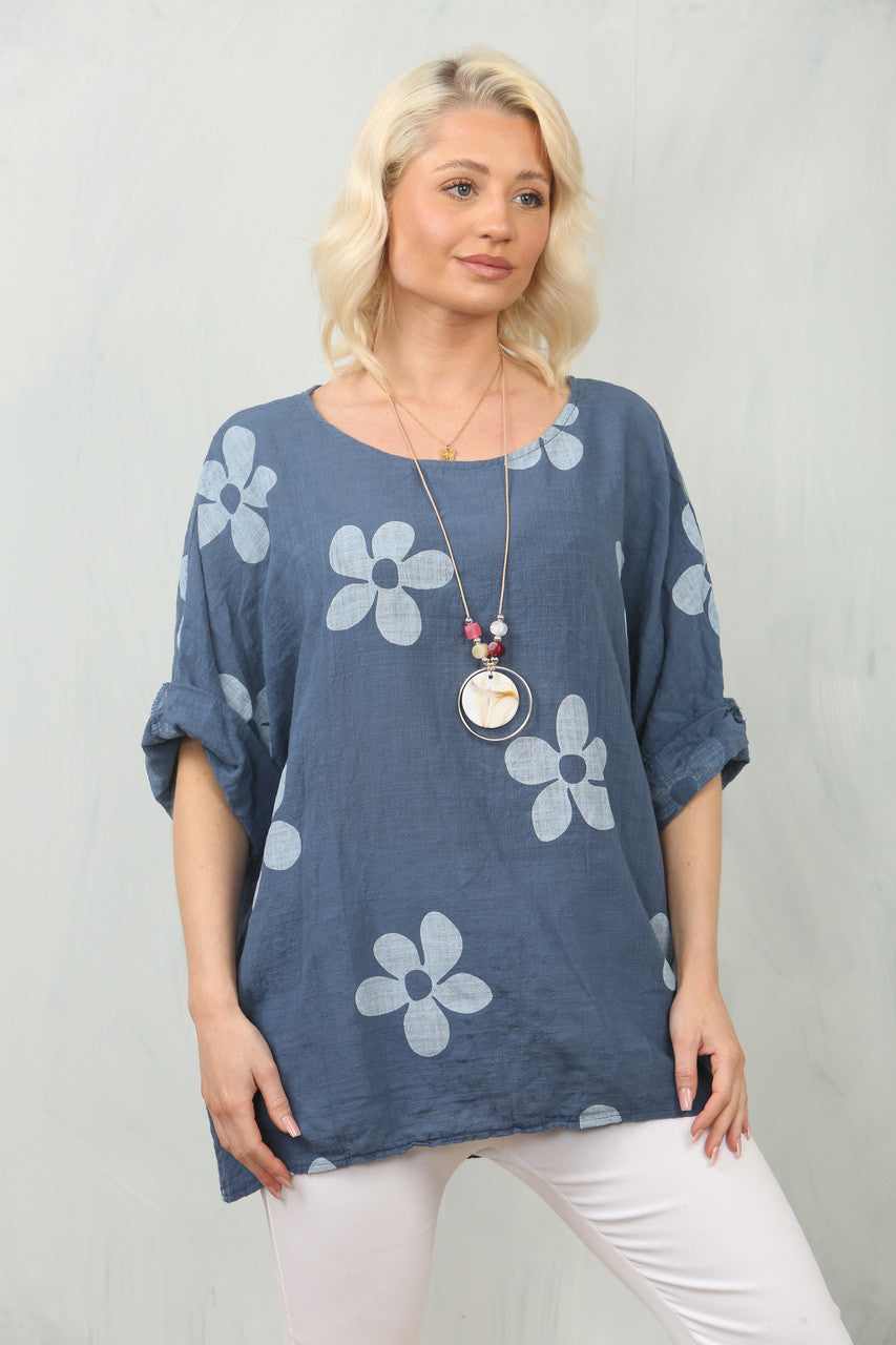 TOP MET MADELIEFJESPRINT - DENIM