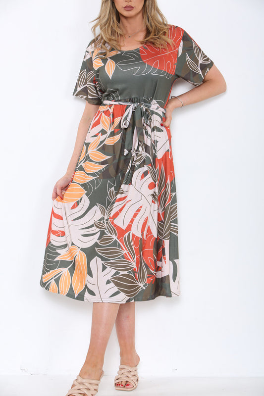 Ladies Floral Tropical Print Midi Dress Khaki
