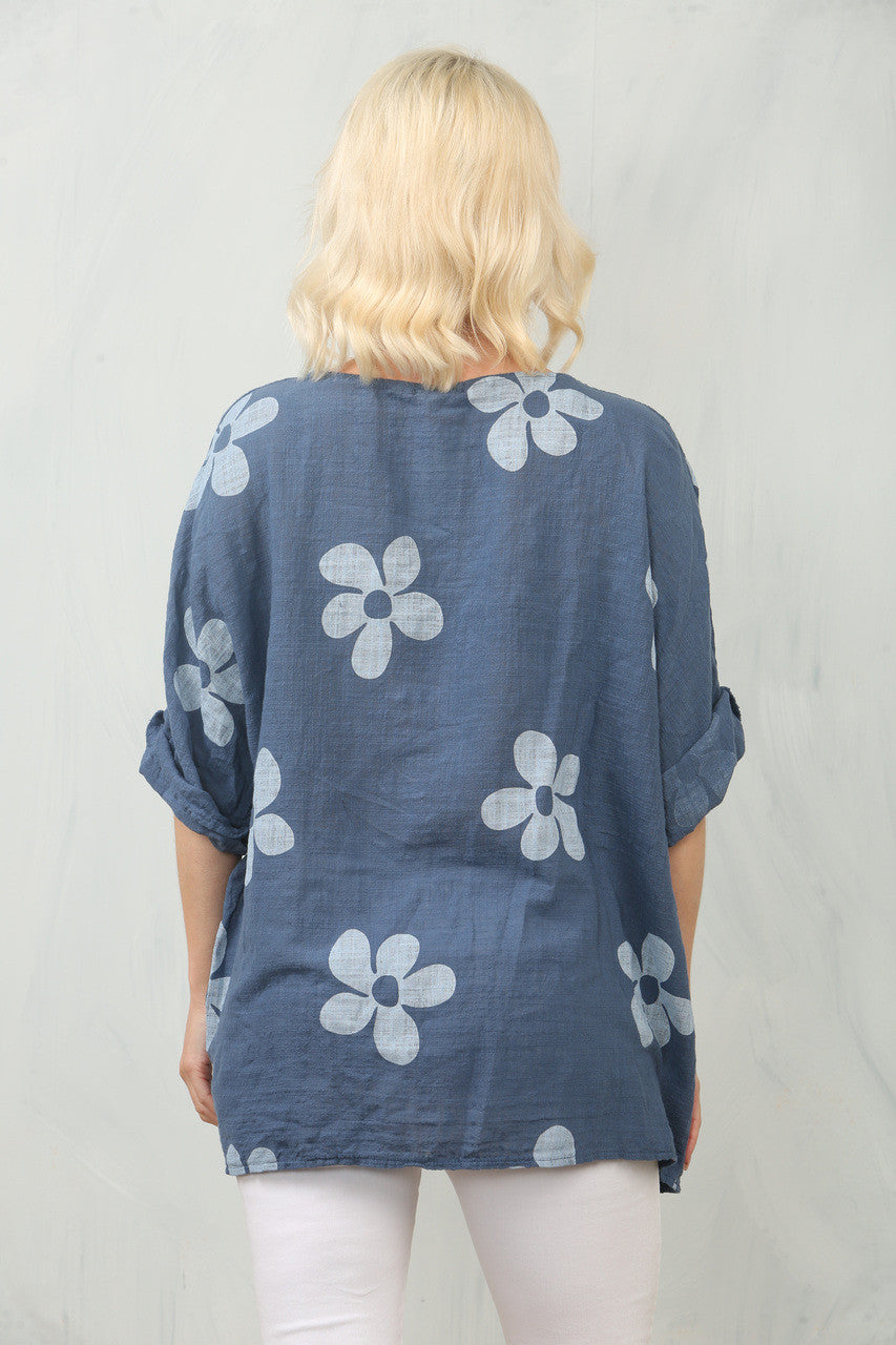 TOP MET MADELIEFJESPRINT - DENIM