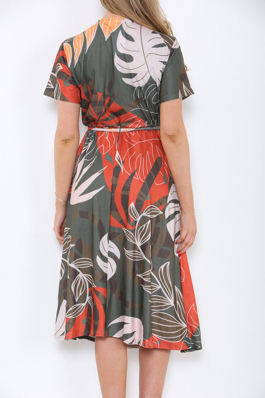 Ladies Floral Tropical Print Midi Dress Khaki