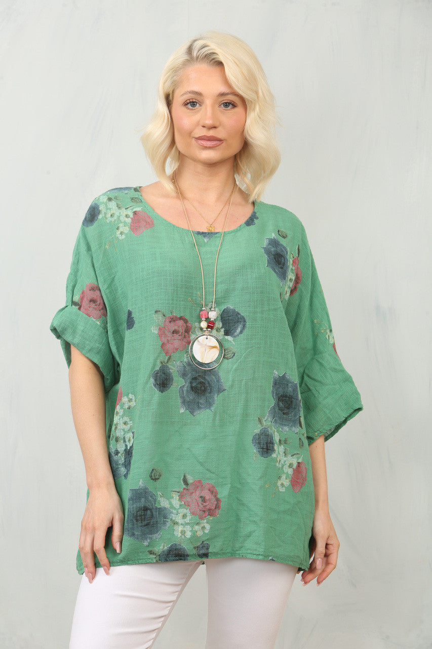TOP MET ROZENPRINT - GROEN