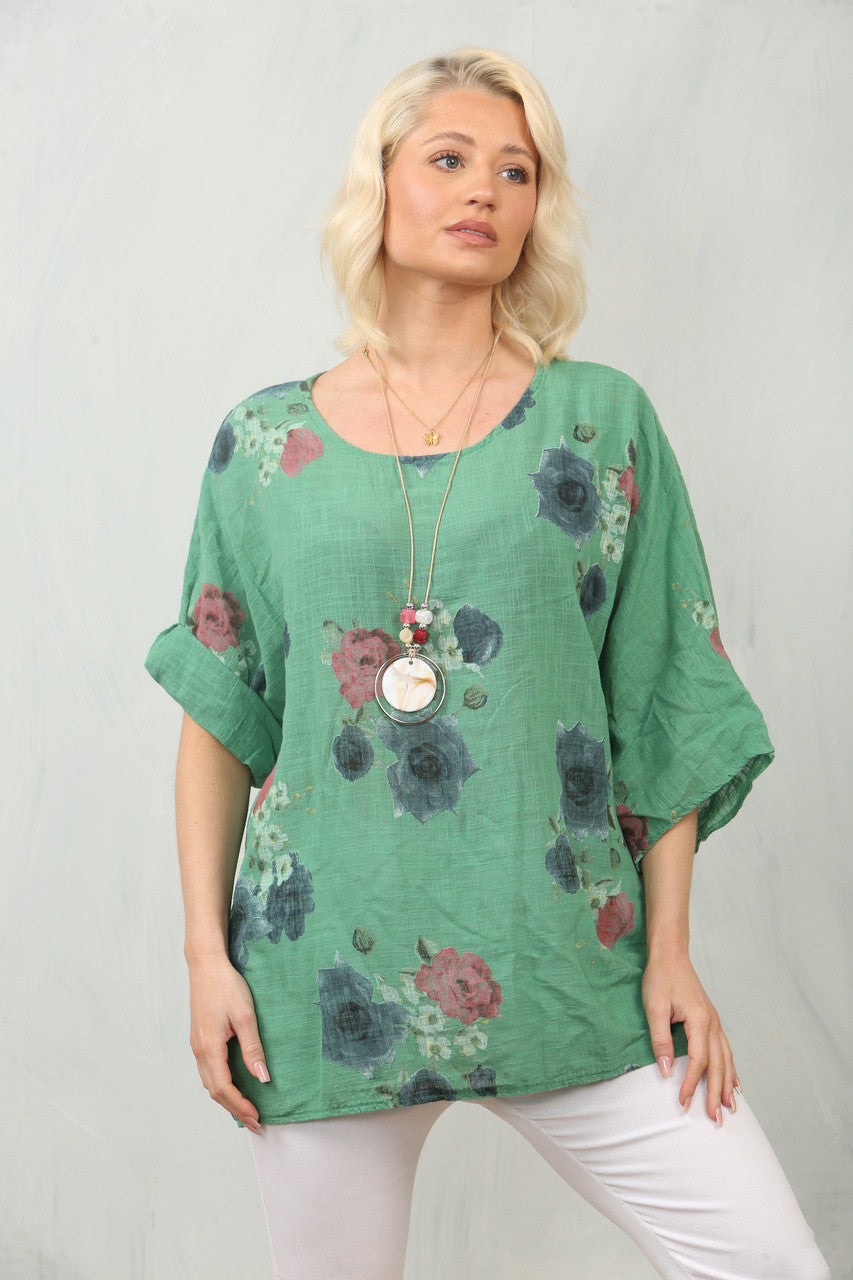 TOP MET ROZENPRINT - GROEN