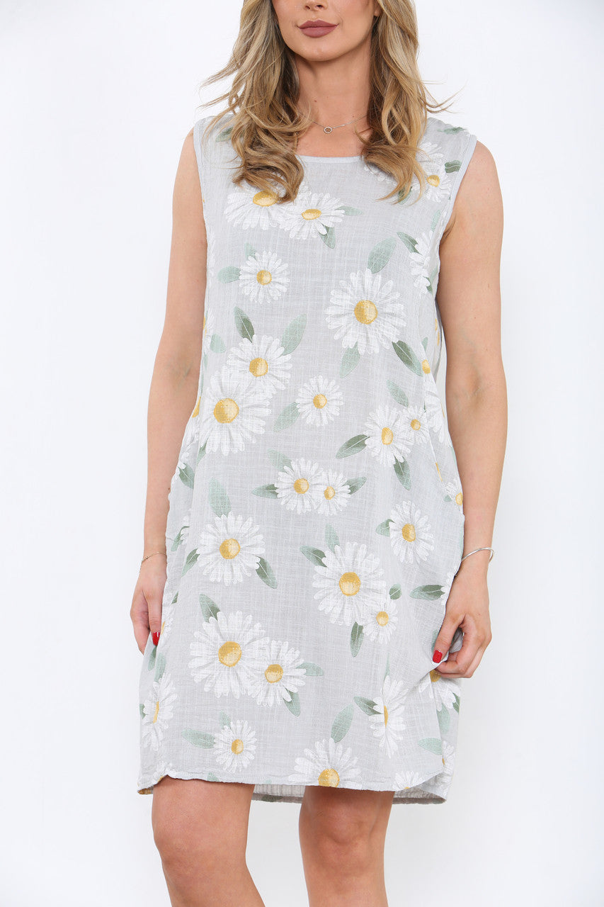 Dames mouwloze pinafore jurk met madeliefjesprint Grijs