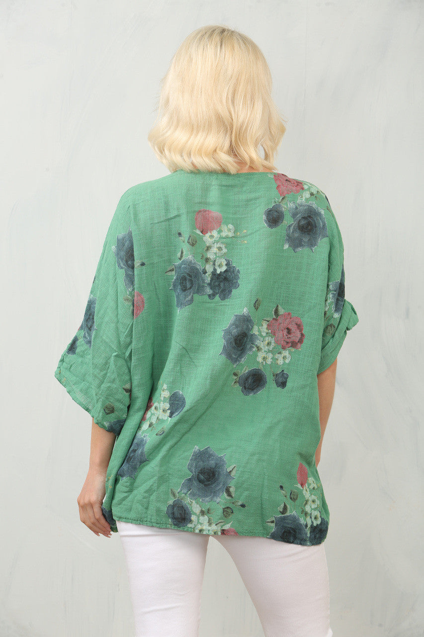 TOP MET ROZENPRINT - GROEN