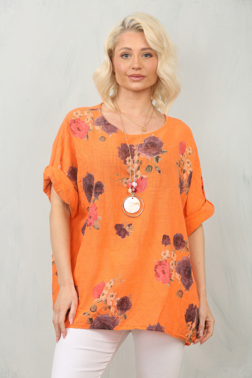 TOP MET ROZENPRINT - ORANJE
