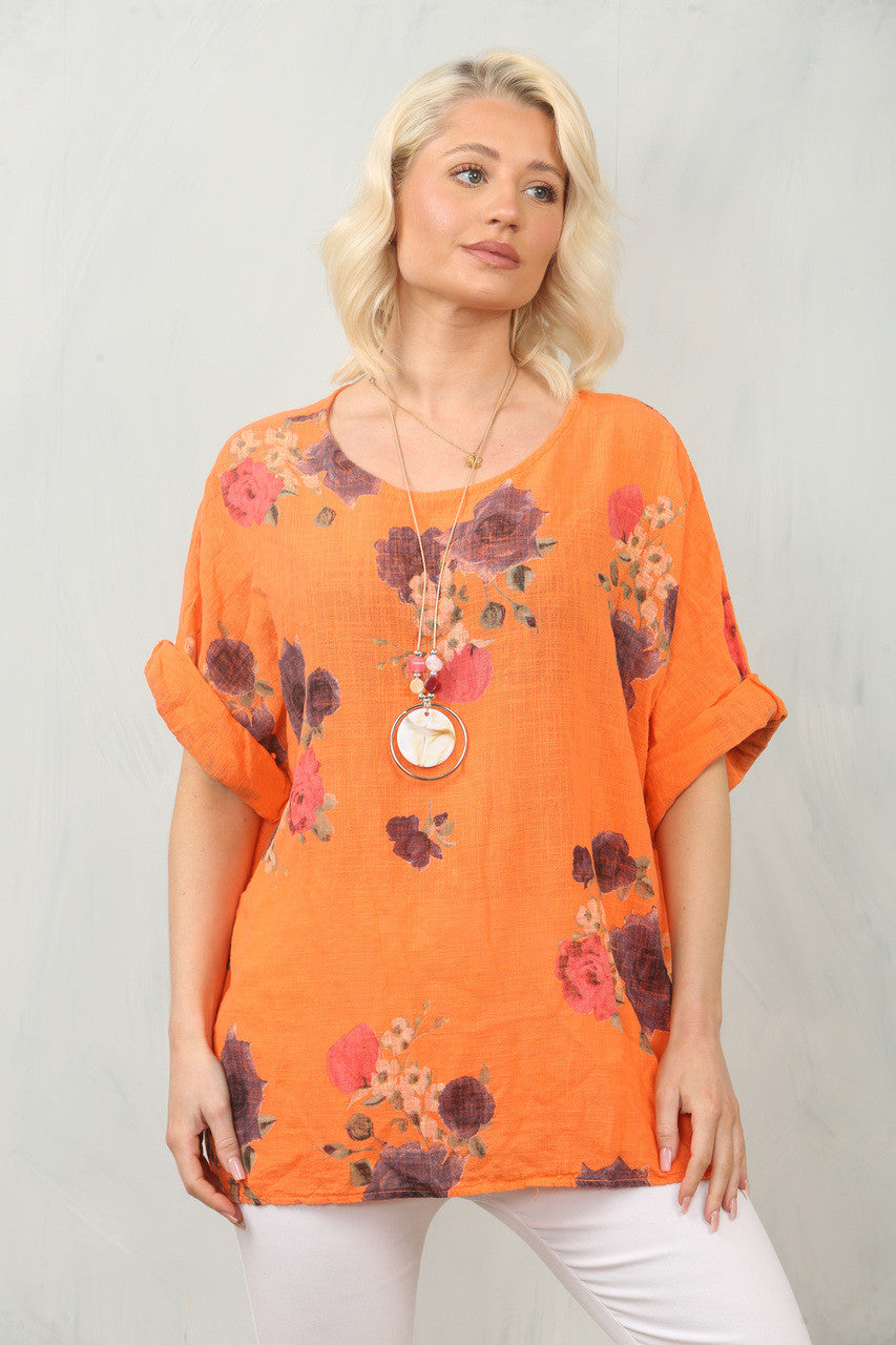 TOP MET ROZENPRINT - ORANJE