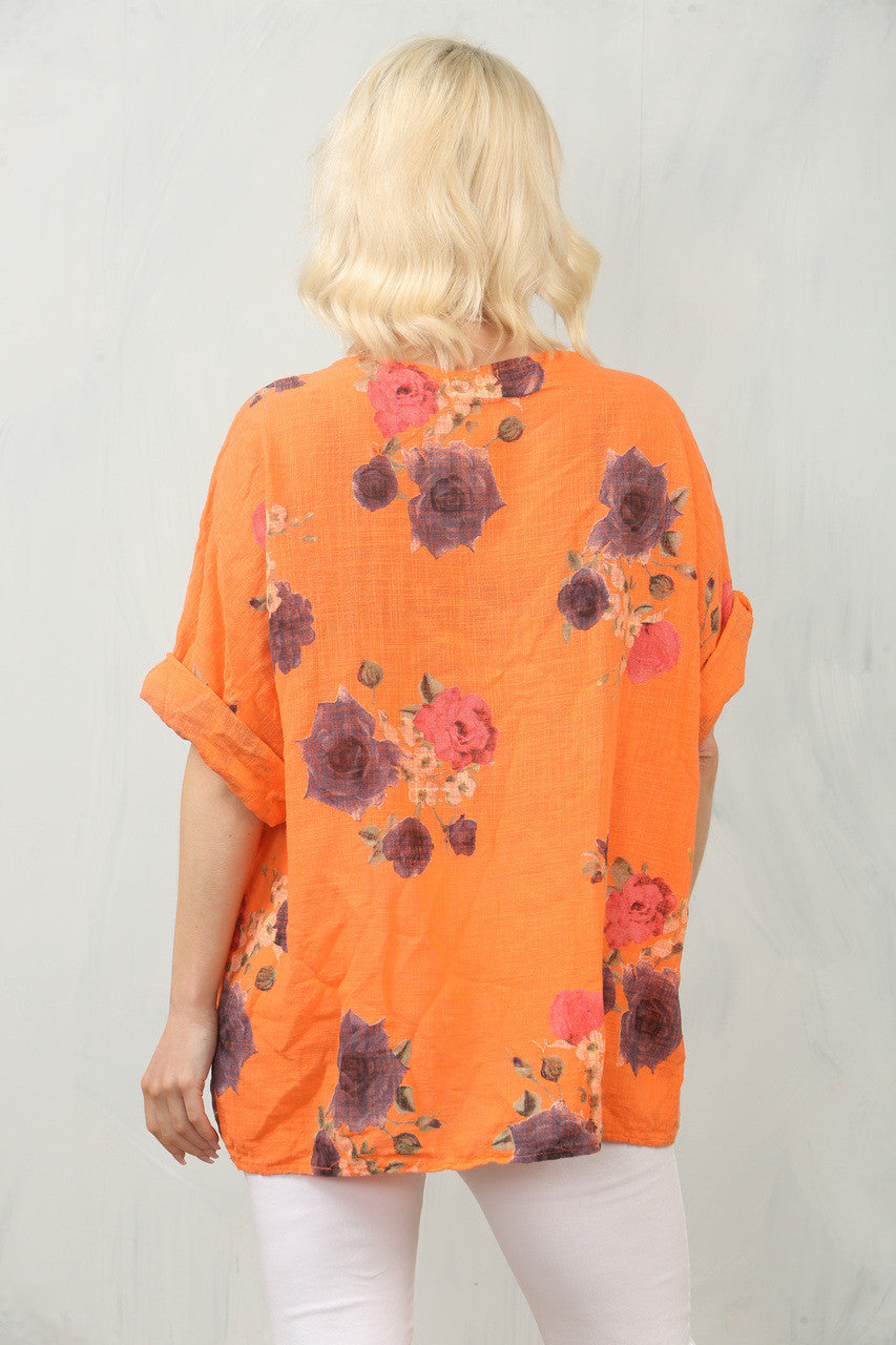 TOP MET ROZENPRINT - ORANJE
