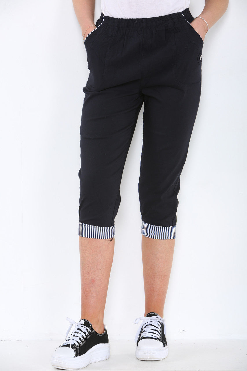 CROPPED STRETCH STRIPE HEM CHERRY BERRY TROUSERS BLACK