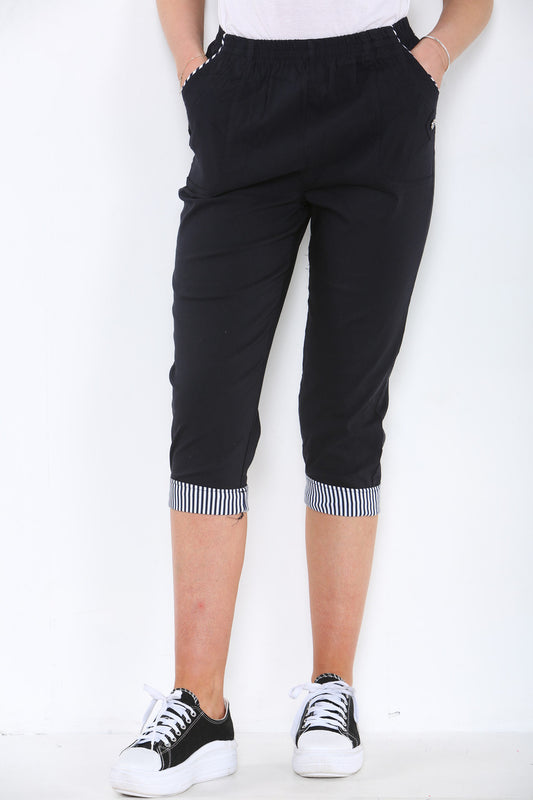 CROPPED STRETCH STRIPE HEM CHERRY BERRY TROUSERS BLACK
