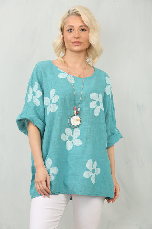 DAISY PRINT TOP - TEAL