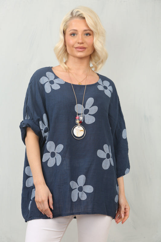 DAISY PRINT TOP - NAVY