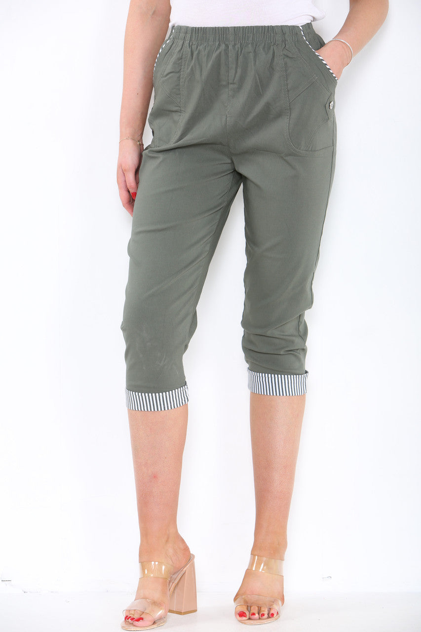CROPPED STRETCH STRIPE HEM CHERRY BERRY TROUSERS KHAKI