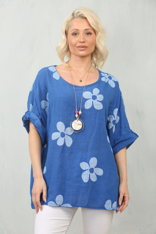DAISY PRINT TOP - ROYAL BLUE
