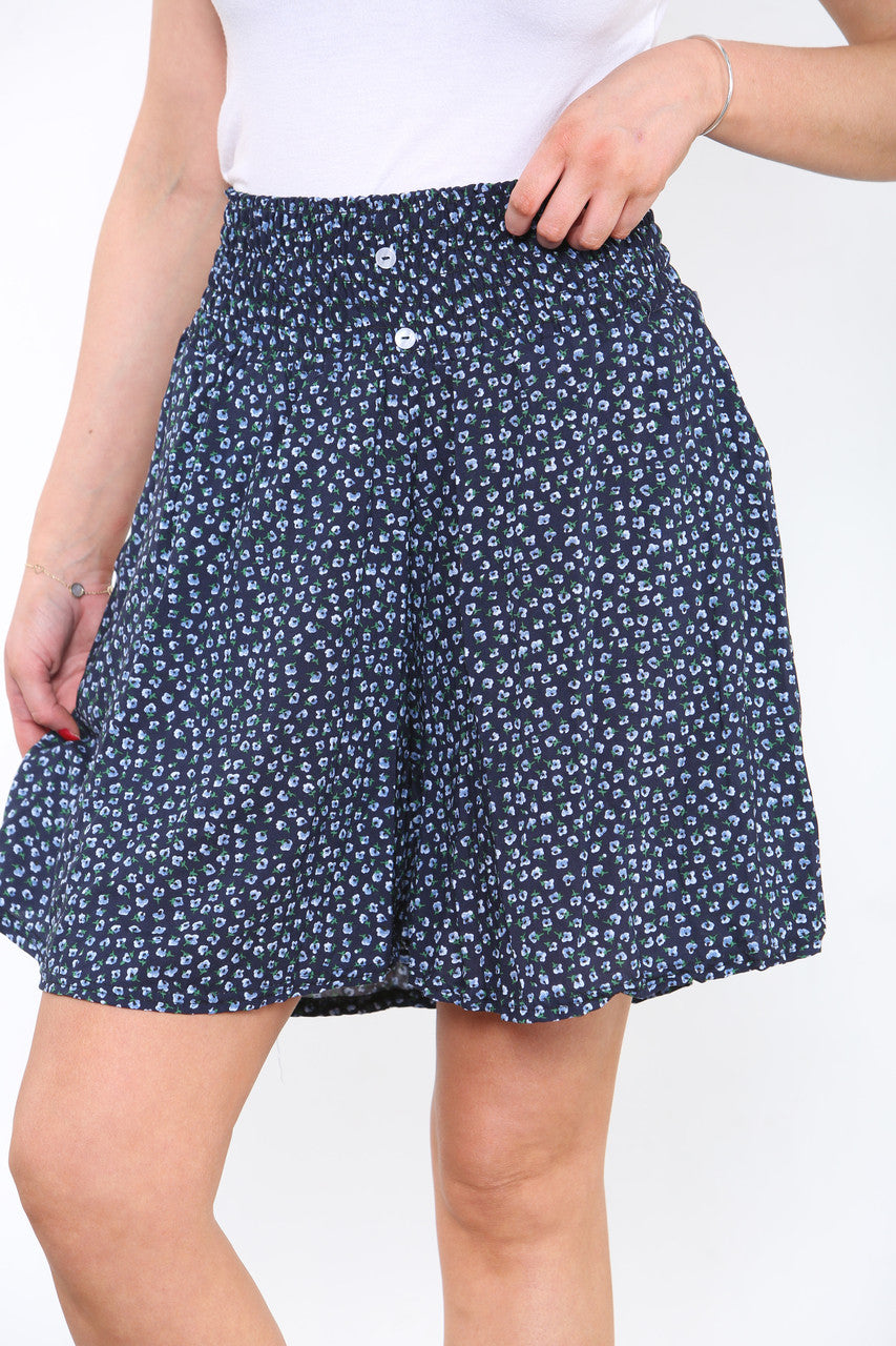 Ladies Cotton Ditsy Floral Shirred 2 Way Shorts Navy