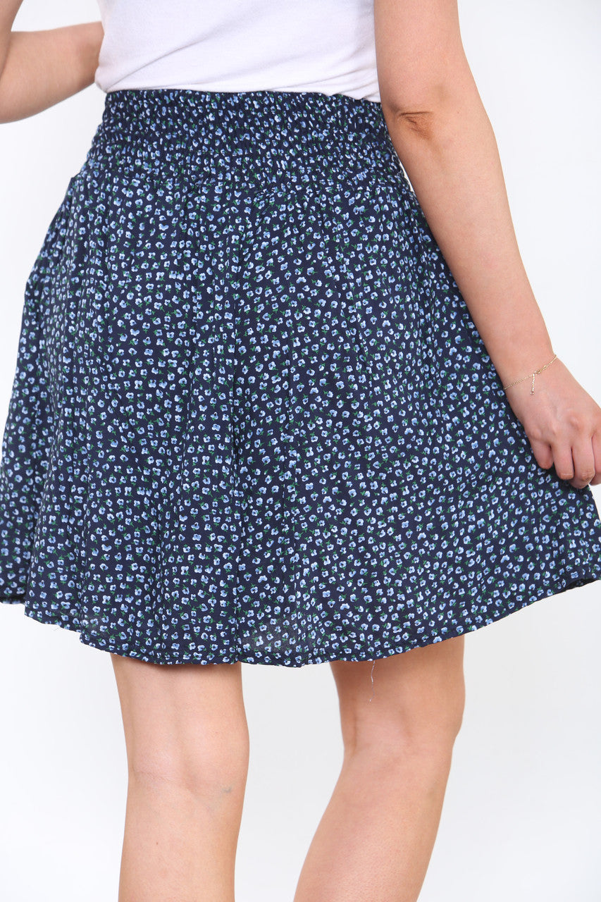 Ladies Cotton Ditsy Floral Shirred 2 Way Shorts Navy