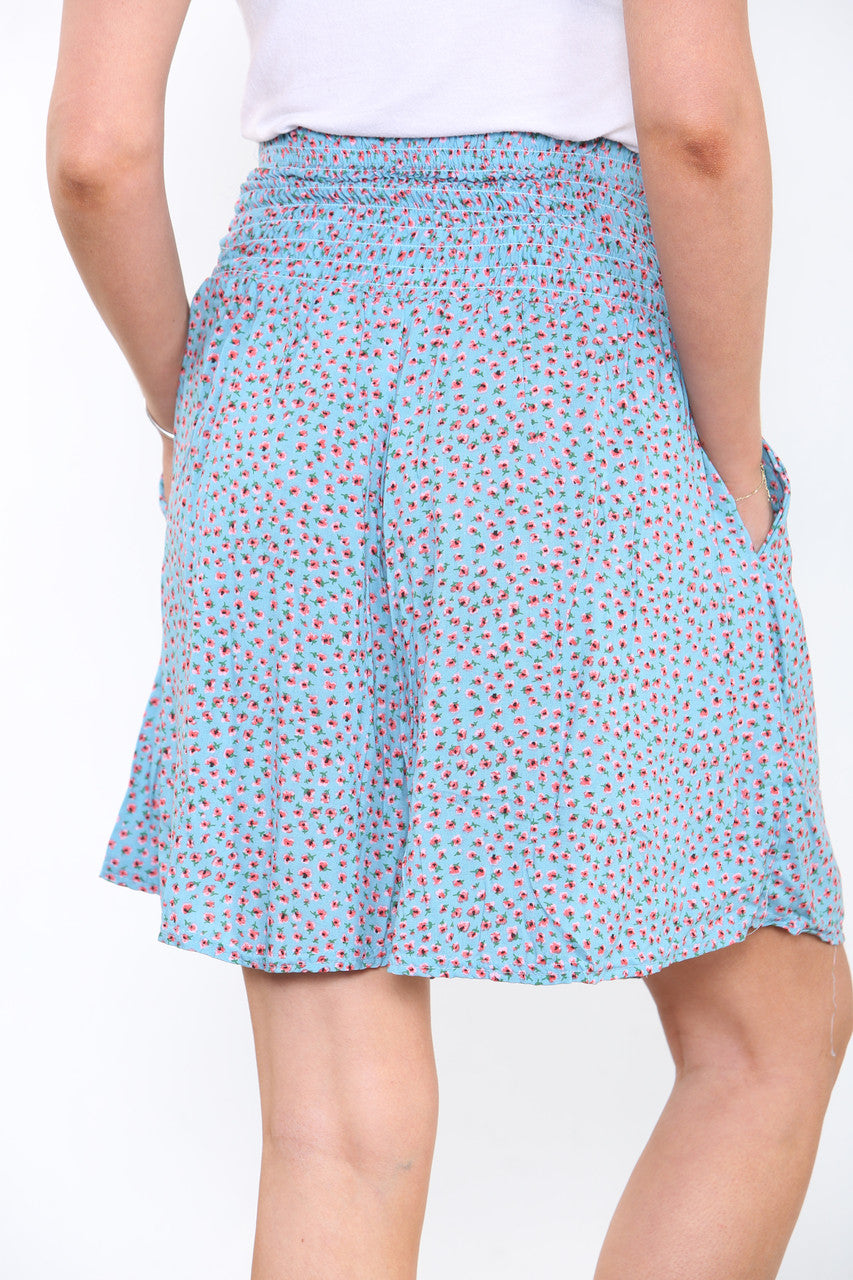 Ladies Cotton Ditsy Floral Shirred 2 Way Shorts Light Blue