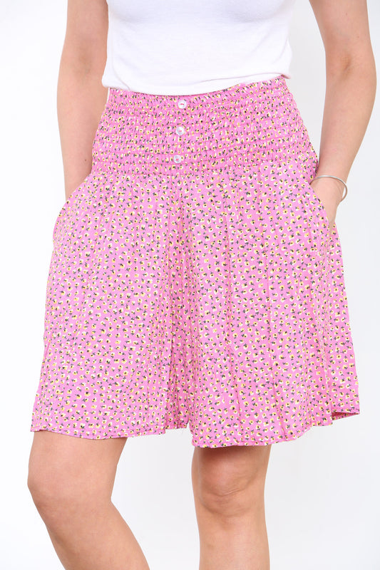 Dames katoenen short met ditsy bloemenprint en ruches, op twee manieren te dragen, roze