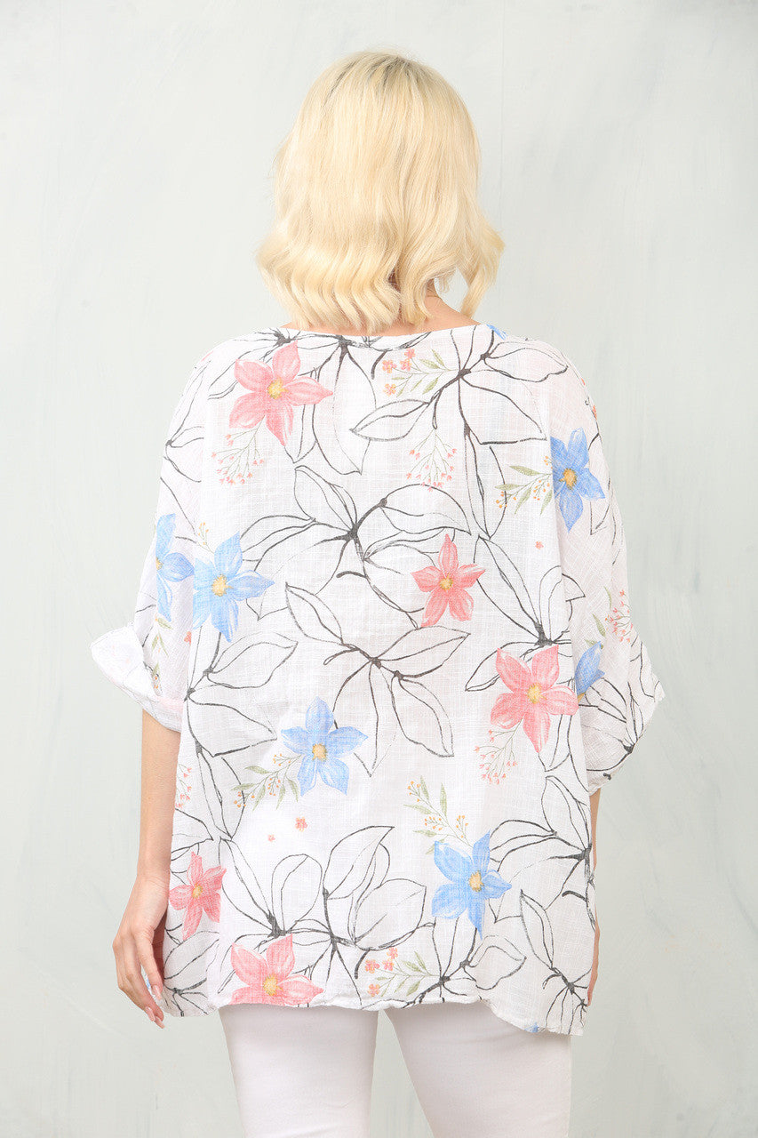 TOP MET BLOEMENSTENCILPRINT - WIT