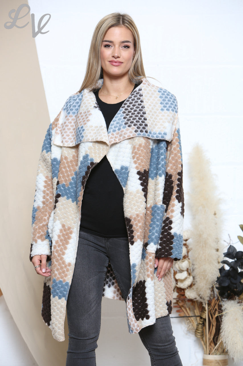 Ladies Patchwork Print Waterfall Coat Light Blue