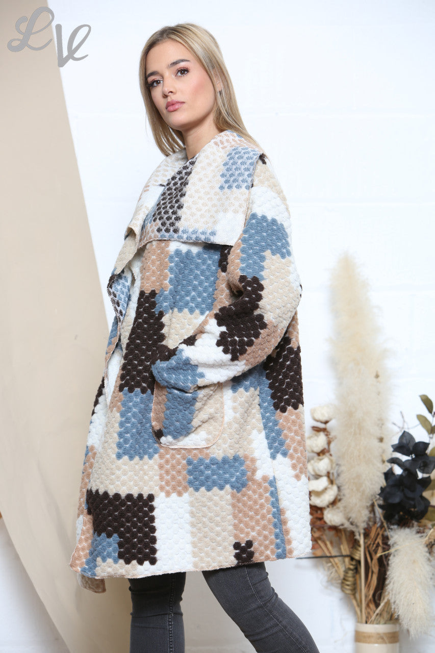 Ladies Patchwork Print Waterfall Coat Light Blue