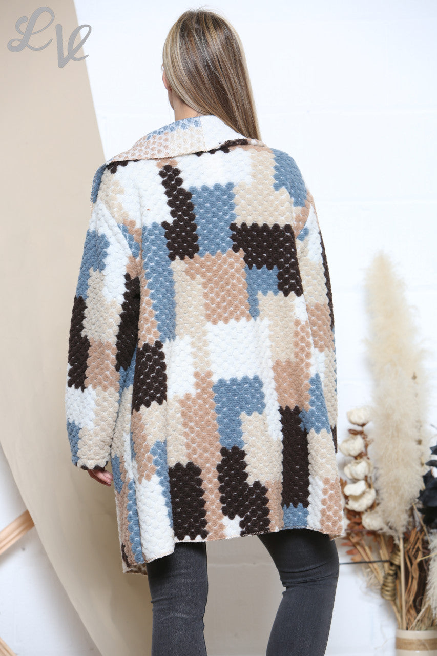 Ladies Patchwork Print Waterfall Coat Light Blue